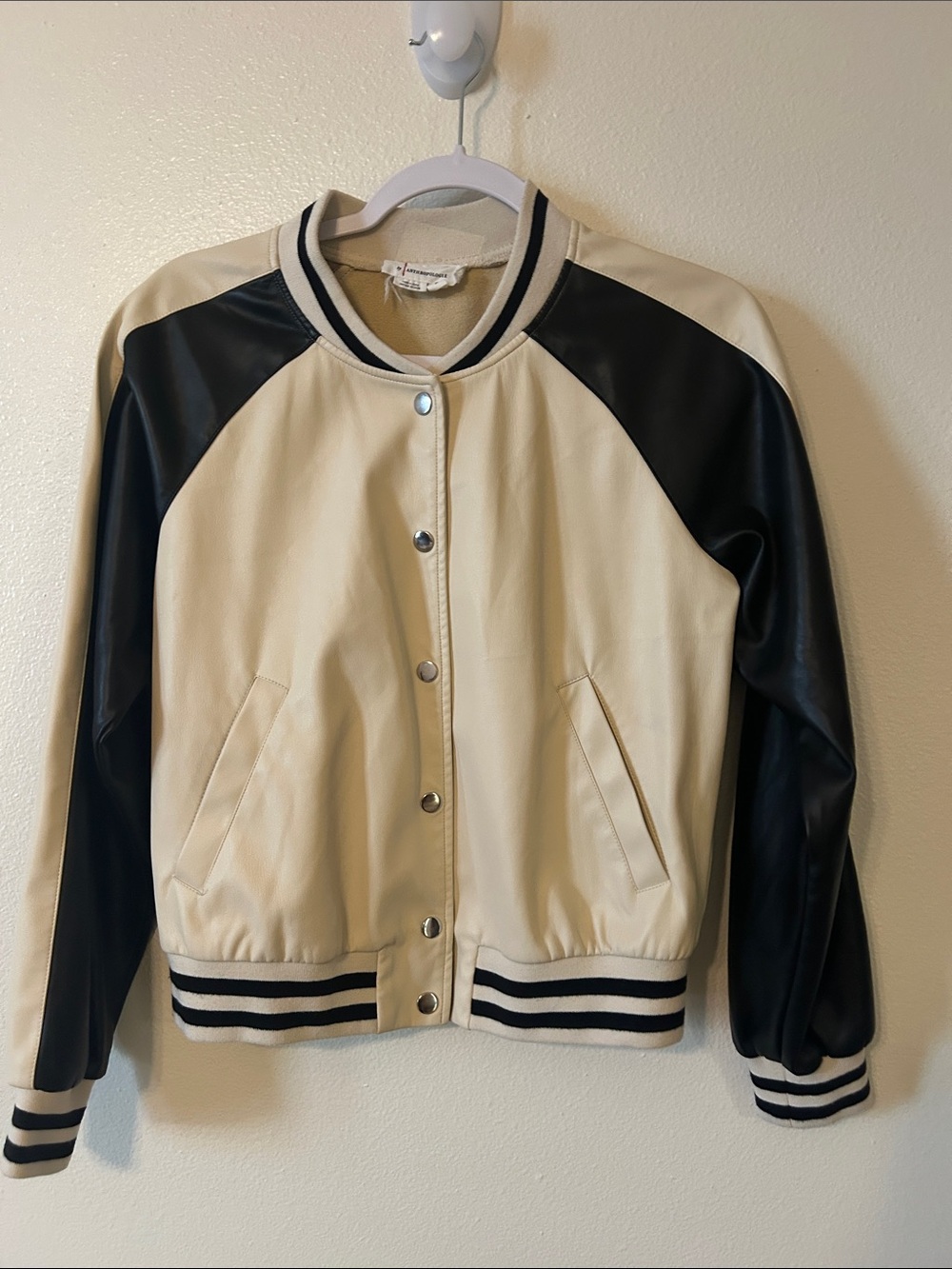 Anthropologie Cream and Black Bomber Jacket - Women's Classic Varsity Style